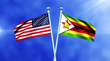 USA and Zimbabwe Flag Waving On Pole Loop
