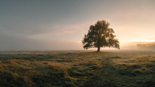 A lone tree stands in a misty field at sunrise, casting a warm glow on its leaves and branches. - Powered by Adobe