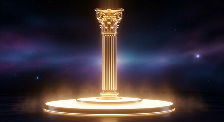 Antique marble candlestick sculpture with glowing candles on an ancient Roman column