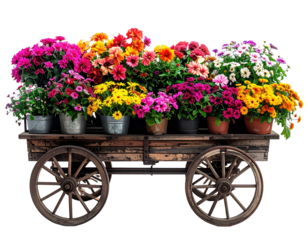 Flower-filled rustic wooden cart on a black background
