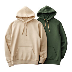 Two hooded sweatshirts, beige and green, against black