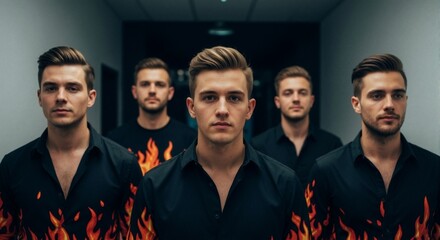 Dance crew lineup — five handsome males in matching flame shirts, dark corridor backdrop
