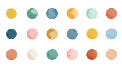 A set of watercolor circles in various colors, arranged in a grid pattern on a white background.