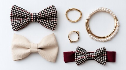 A collection of various accessories, including a bow tie, rings, and bracelets, arranged on a white background.