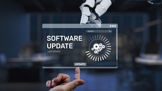 A visually stunning representation of a software update interface featuring a robotic hand and gear icons. This concept illustrates technology advancement and human interaction. Synapse