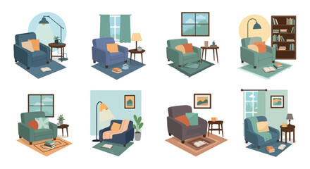 Cozy reading nook scenes with armchairs and lamps