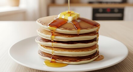 Golden brown fluffy pancakes stacked high topped with melting butter and drizzled with sweet maple syrup