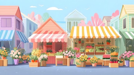 Obraz premium Cheerful outdoor market stalls display vibrant flowers and potted plants under striped awnings