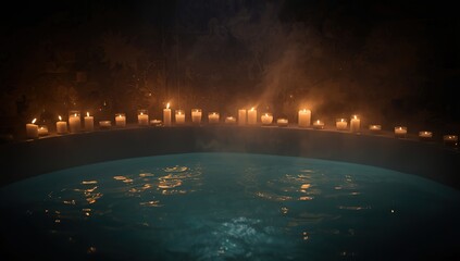 Serene Bathtub Oasis Illuminated by a Circle of Warm, Glowing Candles Creating a Moody and Relaxing Ambiance