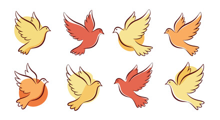 Flying doves in yellow and red colors with transparent background