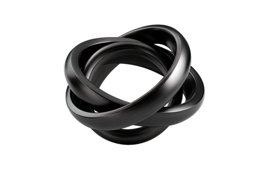 Glossy, interlocking metal rings form complex knot shape