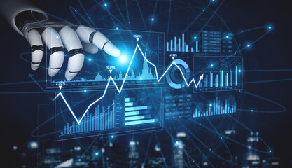 Digital representation of a robotic hand interacting with data analytics visuals, showcasing advanced technology in finance and the future of artificial intelligence. Scalp