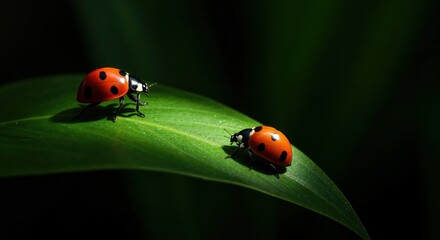 Obraz premium Ladybugs' Embrace on a Leaf: A close-up captures two vibrant ladybugs delicately positioned on a lush green leaf, bathed in soft, natural light, creating a scene of serene symbiosis.