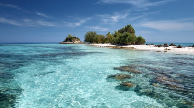 A serene tropical beach with crystal-clear turquoise waters, white sand, and lush green vegetation, set against a clear blue sky.