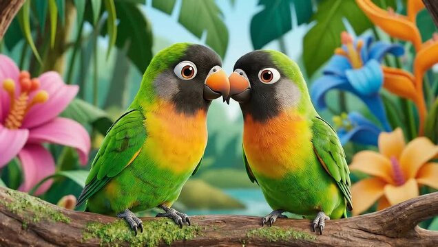 Two adorable cartoon parrots perched on a branch in a vibrant jungle setting, surrounded by colorful flowers and lush foliage.