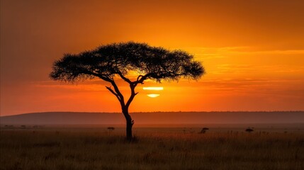 A solitary acacia tree silhouetted against a vibrant orange and yellow sunset sky, with a grassy plain in the foreground and distant hills in the background.