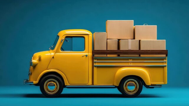 A yellow vintage truck filled with packages on a blue backdrop. Side view, clean and modern