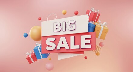 Sale Promotion: A captivating visual promoting a Big Sale, where a shopping bag is adorned with gift boxes and geometric ornaments, all against a pastel backdrop.