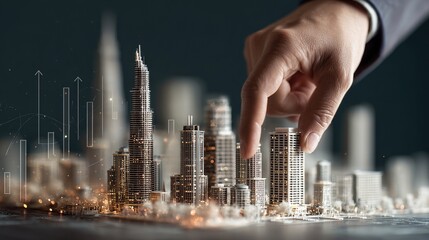 Hand moving miniature building in a cityscape model with buildings and graphs blurred background with city skyline. High quality