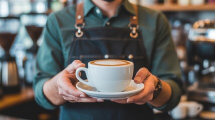 Fresh Brew: Barista gracefully presenting a meticulously crafted coffee, the focus on the coffee cup. 