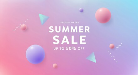 Summer Sale Promotion: A vibrant and colorful promotional graphic announces a summer sale with geometric shapes and playful elements. The image aims to capture the essence of the season's excitement