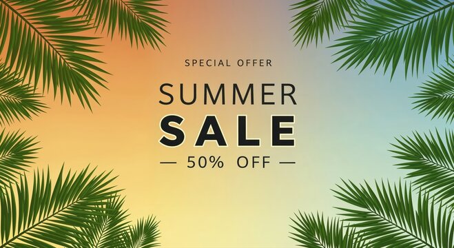 Summer Sale Banner: A vibrant banner showcases a special summer sale, featuring verdant palm leaves framing the text, offering a refreshing and inviting appeal.