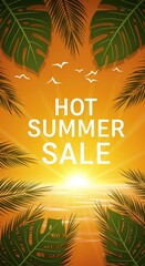 Obraz premium Golden Summer Sale: A captivating design announces a Hot Summer Sale, set against a backdrop of a radiant sunset, serene sea, and lush palm leaves, capturing the essence of a warm, inviting season.