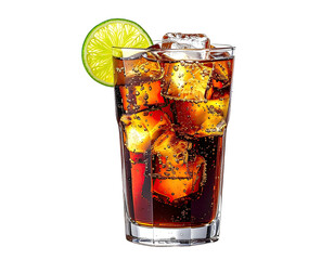 Dark drink with ice, bubbles, and lime slice