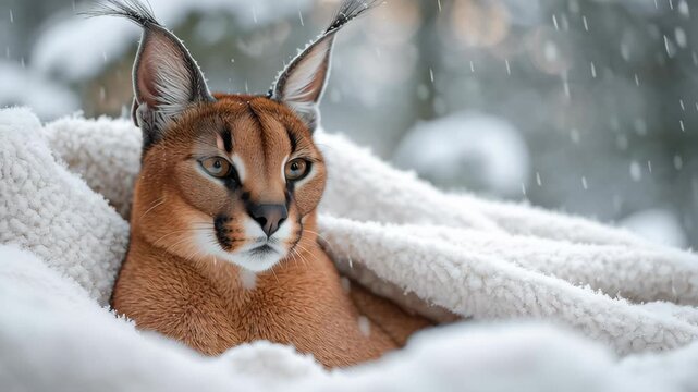 A brown cat is laying on a white blanket. The cat is looking at the camera. The blanket is on the ground. Caracal on plush white blanket with snow bokeh