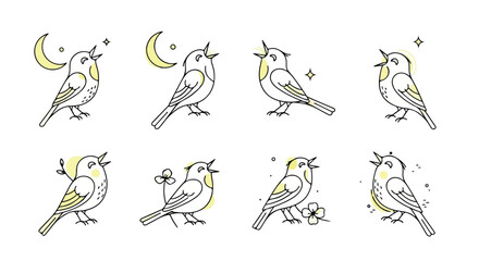 Singing birds in various poses with transparent background