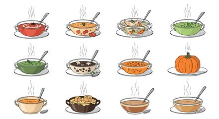 Various soups and pumpkin in bowls