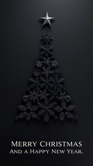 Minimalist Black Christmas Tree made of Snowflakes and Star on Dark Background Holiday Design_1