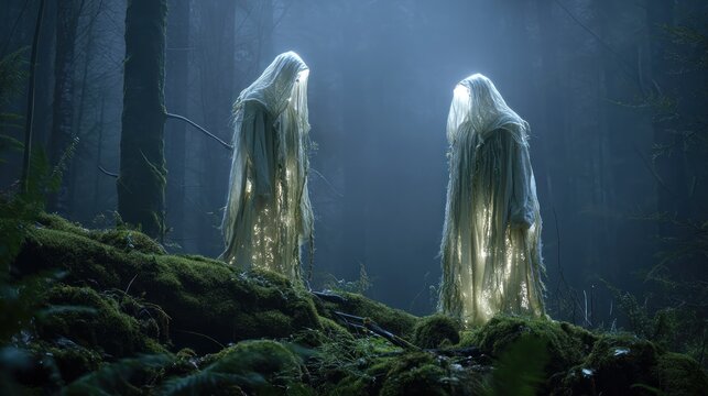 Two ghostly figures in a misty, forested setting, illuminated by a single light source, with a mysterious, ethereal atmosphere.
