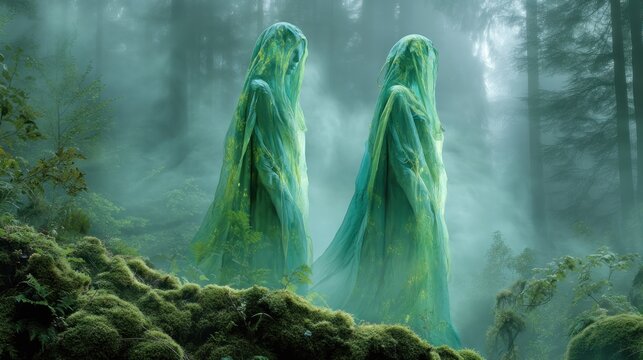 Two green and blue ghostly figures in a misty, foggy forest with moss-covered rocks and trees, wearing long, flowing cloaks, standing in the foreground with a mysterious, ethereal atmosphere.
