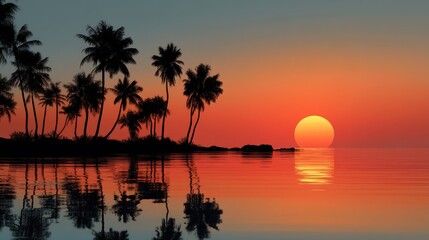 Silhouettes of palm trees and a large sun setting over the ocean, with a calm, reflective water surface.