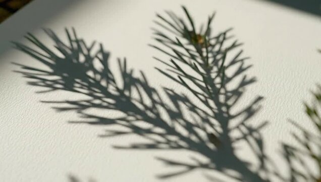 Shadow of a pine branch on a white surface.