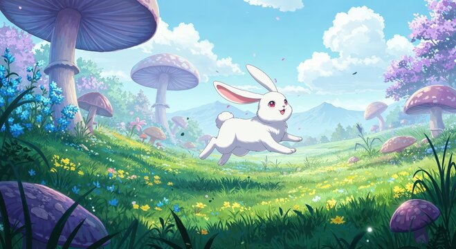 Whimsical Hare's Meadow: An enchanting scene of a sprightly hare frolicking joyously through a fantastical meadow, surrounded by giant mushrooms and vibrant flora.