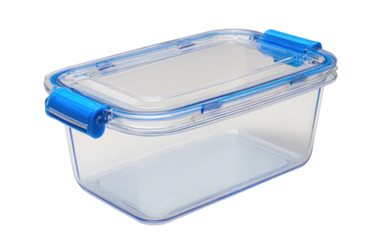 Clear plastic container with blue locking lid, angled view