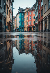 Obraz premium Reflections of colorful architecture in rainy cobblestone streets historic district urban landscape low angle view