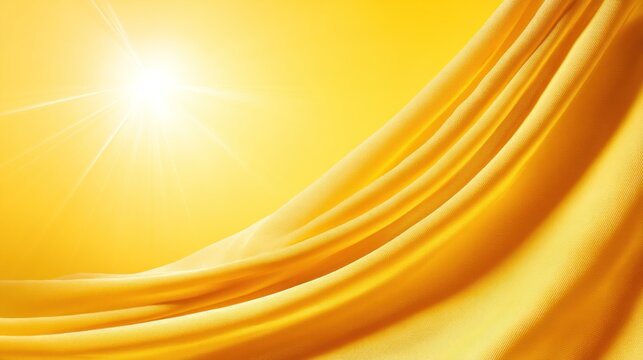 Golden fabric swaying in the wind, with a bright sun shining through, casting a warm glow on the scene. The fabric appears to be a silk or satin material, with a soft, flowing texture.