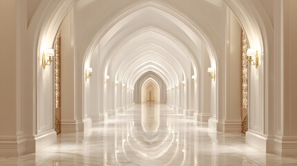 Ornate white arched hallway featuring polished marble floors and symmetrical wall sconces creates a sense of depth.