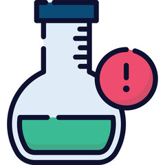 Transparent Flask With Green Liquid And Red Warning Symbol Isolated On White Background