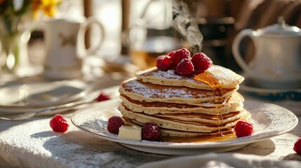 A tall stack of fluffy pancakes, dusted with powdered sugar and topped with fresh raspberries and dripping maple syrup. Served on a white plate with butter and