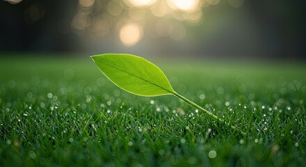 Experience the refreshing charm of nature with a single vibrant green leaf resting on dewy grass, perfect for conveying tranquility, growth, and natural beauty in your projects