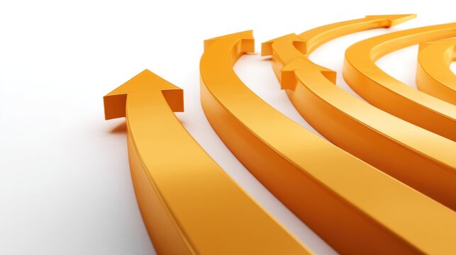 A series of orange arrows pointing upwards, converging towards a central point, set against a white background.