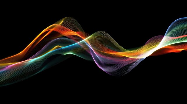 A colorful, abstract wave design with a mix of vibrant colors and smooth lines on a black background.