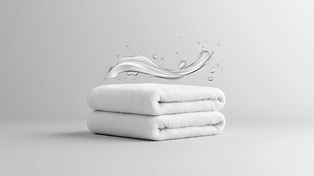 A clean, folded stack of two white terrycloth towels. Above the towels, a dynamic splash of clear liquid with small droplets is frozen in motion against a neutr