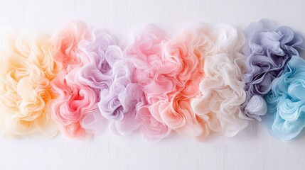 A horizontal arrangement of soft, flowing fabric in a gradient of pastel colors, from light orange and pink to lavender, cream, and blue, against a white backgr