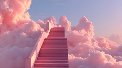 Stairway ascends toward the heavens through voluminous pink clouds at sunset