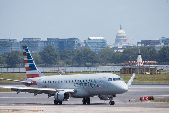 2025, 1st of July American Airlines plain is taking off with US Capitol dome in Washington DC . Ronald Reagan Washington National Airport. DCA.